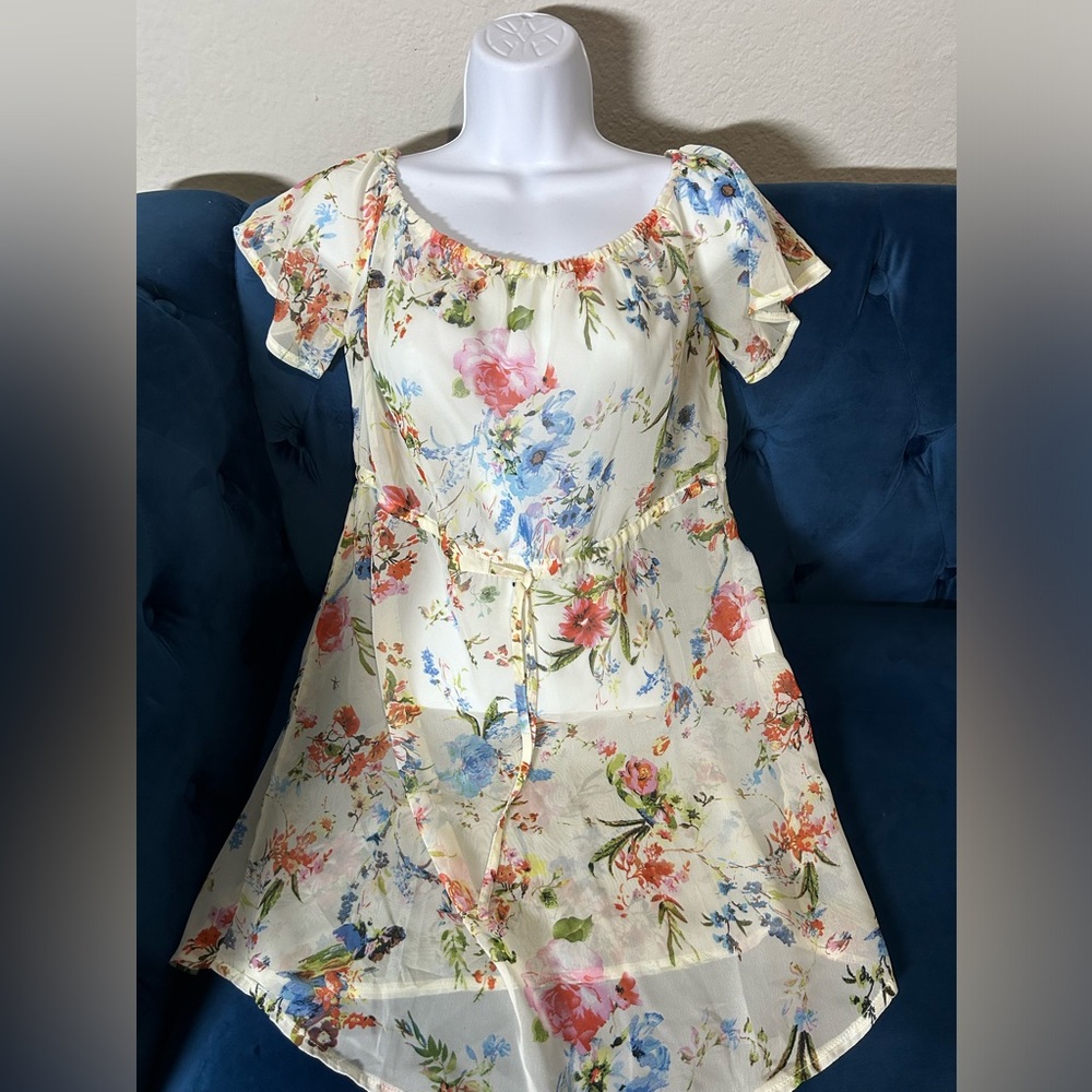 Ruffled Tiered Orange and Pink Blouse with Flutter Sleeves